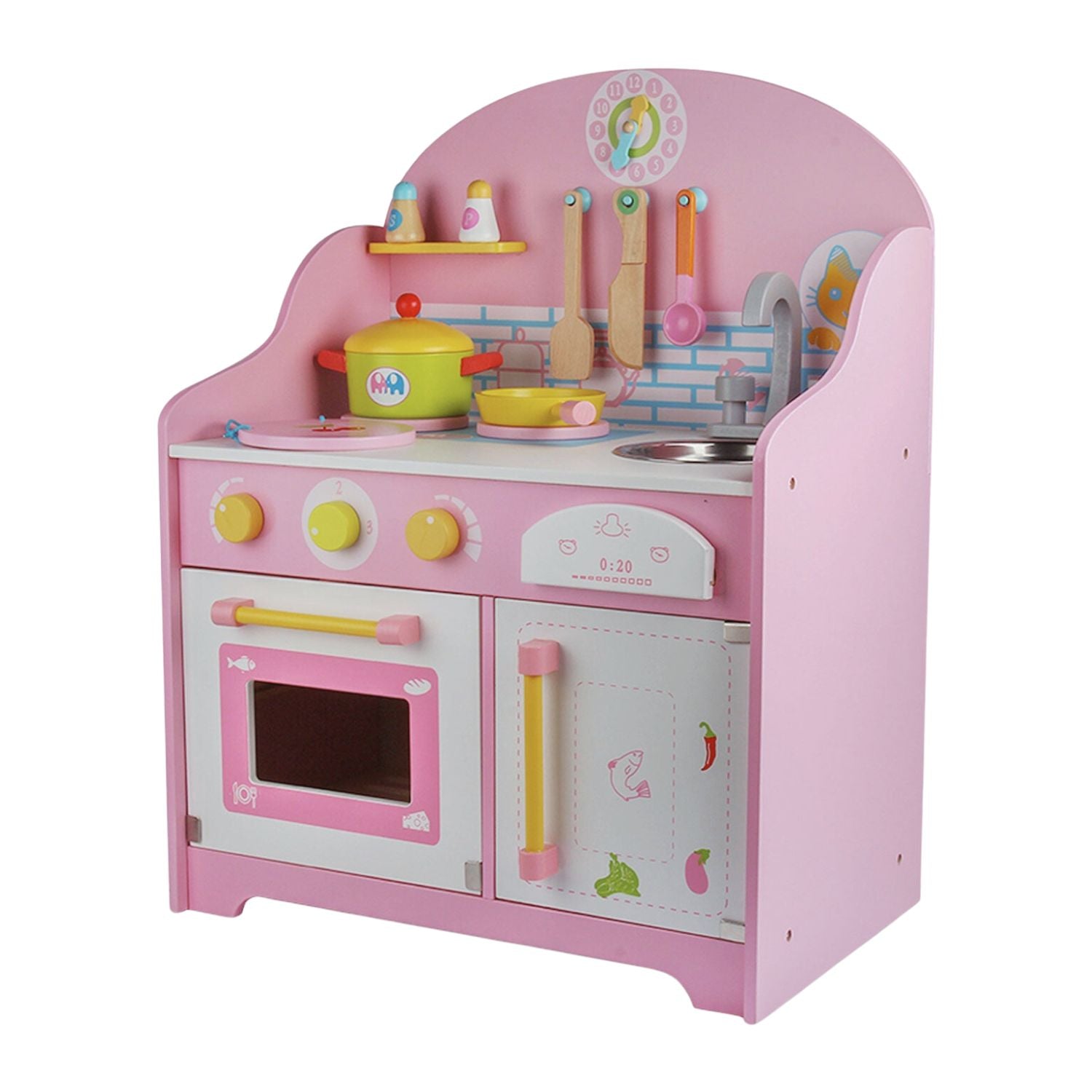 EKKIO Wooden Kitchen Playset for Kids with Clock (Japanese Style Kitchen Set, Pink) EK-KP-109-MS